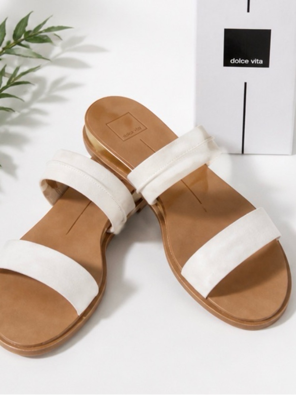 Dolce Vita White Double-Band Slide Sandals with Tan Footbed